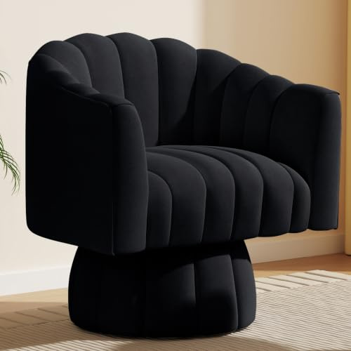 SEYNAR Sillón Giratorio de Salón 360°, Butaca Redonda de Terciopelo con Asiento Acolchado y Respaldo Envolvente, Sillón Cómodo para Salón, Dormitorio y Tocador,Negro