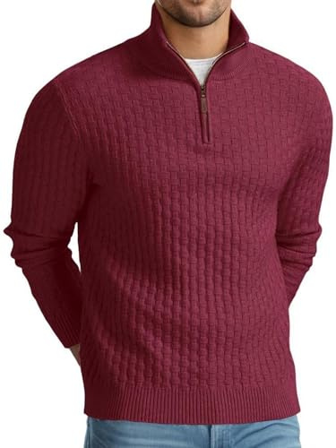 QIXING Troyer Maglione da uomo con motivo a treccia e a nido d'ape, morbido maglione casual con cerniera 1/4 e bordi a coste, rosso vivo, L