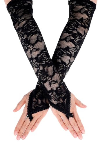 JIEYAO Lange Spitzenhandschuhe, Brauthandschuhe Fingerlose Handschuhe mit Spitze für Frauen Blumenspitze Elastisch Handschuhe Vintage Abendhandschuhe für Hochzeit Party Teeparty Opernparty Schwarz