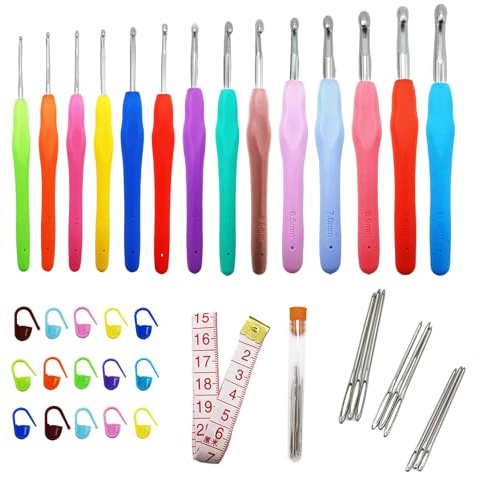 Set di 14 ganci per maglieria con manici ergonomici in gomma a presa morbida, multicolore gancio in alluminio lavorato a maglia, kit di uncinetto per adulti principianti da 2 a 10 mm