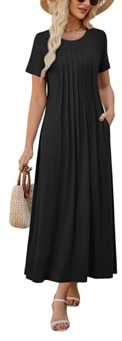 KILIG Summer Dresses for Women UK Short Sleeve Maxi Dress Ladies Pleated Long Dress with Pockets for Beach Vacation