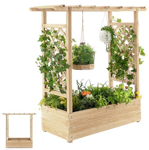 RELAX4LIFE Fioriera da Esterno con Traliccio Superiore e 2 Griglie Laterali, Orto Rialzato da Giardino in Legno di Abete con Drenaggio per Piante Rampicanti, Frutti e Fiori (Naturale, 110x44x114cm)