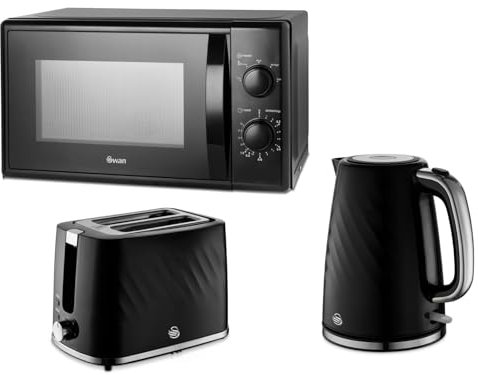 Swan Windsor Black 1.7L Kettle, 2 Slice Toaster & 20L 700W Microwave SM4420BLK Contemporary Design Kettle, Toaster & Microwave Kitchen Set