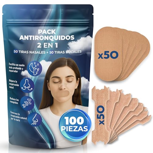 Pack de 50+50 Tiras Nasales y Bucales Antironquidos - Tiras Nasales y Mouth Tape para Respirar Mejor - Dilatador Nasal y Cinta Bucal para Respirar por la Nariz