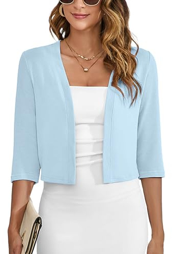 Heymoments Women's Thin Shrugs for Dresses Light Blue Medium Open Front Knit 3/4 Sleeve Lightweight Coat Cropped Tops Shawls and Wraps Cardigan Dressy Sweater Clothes