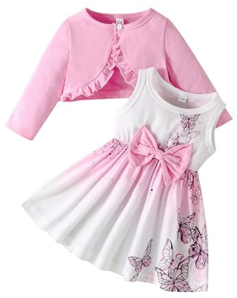 XIXIMAON Kids Girls Dress and Cardigan Set Butterfly Heart Floral Sleeveless Tank Sundress Ruffle Coat Baby Girl Winter Outfit Toddler Autumn Clothes (Pink, 2-3 Years)
