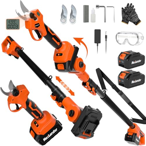Maxlander Electric Pole Pruning Shears with Pole, 1.2 Cutting Diameter, 2-IN-1 Cordless Tree Pruner Garden Tool for Tree Trimming, 2 x 3.0Ah Batteries, Brushless Motor, 14Ft Reach, LCD Display