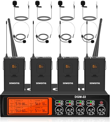 SOWOITIG Wireless Lavalier Microphone System with Headset & Lapel Mics, 4-Channel UHF Cordless Microphone Set with Metal Receiver, 193 m Range for Singing, Church, Karaoke, Weddings & Events