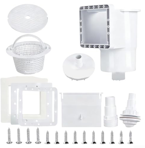 Kit écumoire pour piscine hors sol conçu pour être compatible avec la plupart des pompes, comprend un panier, un couvercle et des raccords pour un nettoyage efficace de la piscine