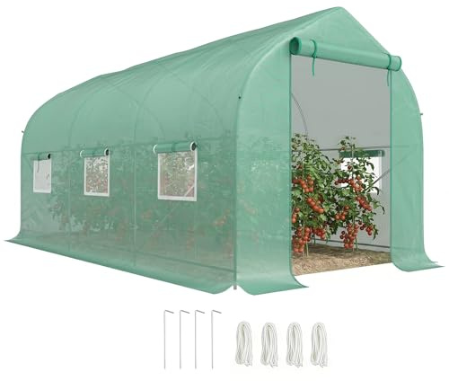 Outsunny Serra da Giardino a Tunnel 4x2x2 m con Porte Avvolgibili e 6 Finestre, Serra per Orto con Tetto a Spiovente, Struttura in Metallo e Copertura PE, per Orto Verdure Fiori Frutta, Verde