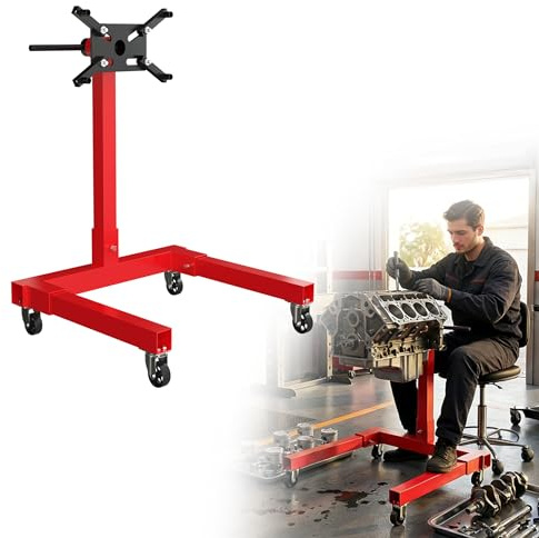 UISEBRT Soporte de motor para coche de hasta 570 kg, elevador de motor con cabeza giratoria de 360 ° y 4 brazos ajustables, soporte de motor de acero, soporte para engranajes con 4 ruedas y mango