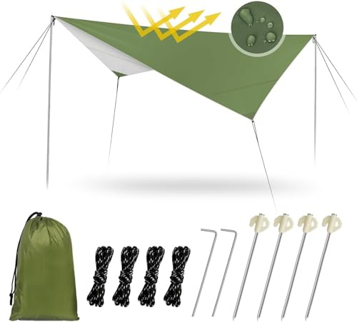 Hossom Bâche Anti-Pluie, Tarp Toile de Tente Imperméable Bivouac, Camping Bâche Rain Tarp Anti UV, Abri de Randonnée Parasol Léger Portable avec 4 Piquets Lumineux + 4 Corde + 2 Clou en Aluminium