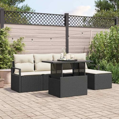 Runheo Ensemble canapé Jardin 6 pièces modulable Noir crème en polyrotin résistant avec Coussins, Banquette Angle Convertible pour terrasse Balcon Patio Piscine détente
