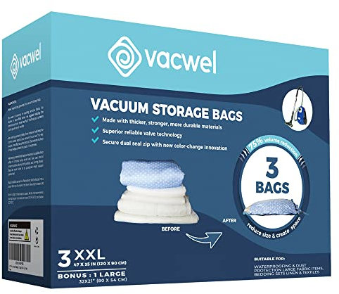 Vacwel 3-Pack XXL,Vacuum Storage Bags,Space Saver Bags for Clothes Storage – XL Comforters,Mattress Topper,3x XXL Bags (47x35in),Bonus 1x Large Bag (32x21in)