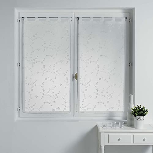 Douceur d'Intérieur, Paire Droite à Passants (2 x 60 x 160 cm) Petite Fleur Blanc/Blanc, Voile Sablé Brodé