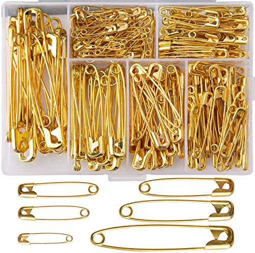 Luter 250 Stück Sicherheitsnadeln, 6 Größen, große und kleine Sicherheitsnadeln, langlebig, rostbeständig, für Näharbeiten, Handwerk, Schmuckherstellung, Verwendung im Büro zu Hause (Gold)