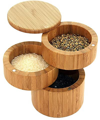 Spice Box with 3 Tier Magnetic Closure, Bamboo Spice Tin, Diameter 9 x Height 13 cm, Food Storage, Gift Idea Spice Dispenser