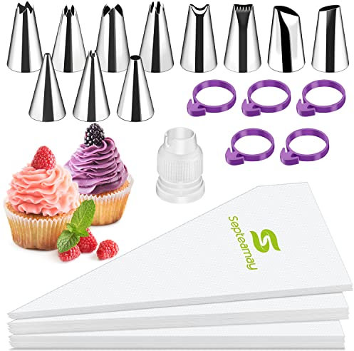 Septeamay Spritzbeutel mit Tüllen, 100 Stück Spritzbeutel Einweg, Spritztüllen Set 11 Teiliges, Adapter, für zum Torten, Cupcakes, Eclairs, Backen und Dekorieren