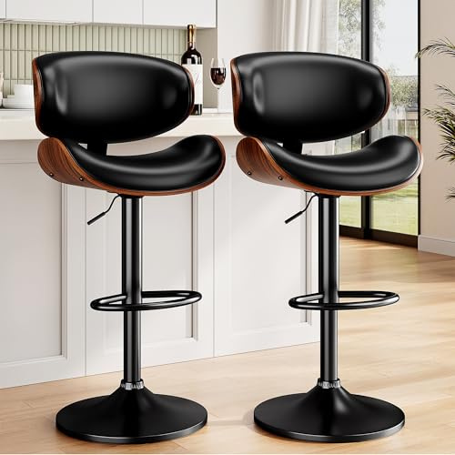 YaFiti Swivel Bar Stools Set of 2 for Kitchen Counter, Adjustable Bentwood Barstools, Modern PU Leather Upholstered Bar Chair with Back and Footrest, for Bar, Kitchen, Dining Room, Black