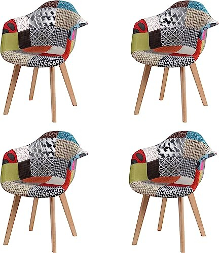HJhomeheart Juego de 4 Sillas de Comedor de Tela Patchwork con Reposabrazos, Sillón de Diseño Moderno, Silla de Cocina de Madera de Haya Escandinava (Rojo)