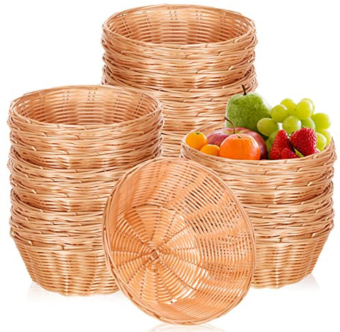 Amyhill 30 Pack Small Bread Baskets Bulk Plastic Round Baskets 7.1 Inch Wicker Bread Woven Basket Fruit Chip Storage for Food, Table, Kitchen, Restaurant, Centerpiece, Gift Basket for Mom