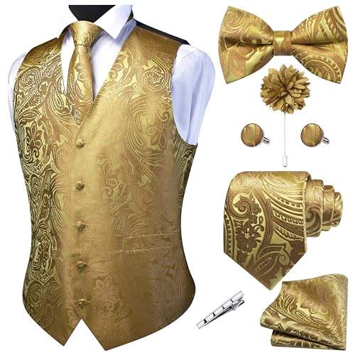 GUSLESON Mens Gold Paisley Suit Vest Tie and Bow Tie Set Silk Floral Waistcoat Necktie and Pocket Square Lapel Pin Set (0810-01-L)