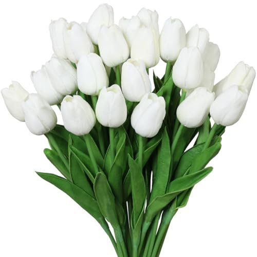 Nubry 30 Stück PU Real Touch Latex Künstliche Tulpen, Fake tulpen künstlich, fühlen Sich echt an, Blumenstrauß für Hochzeitsarrangements, Tafelaufsätze, Heimdekoration(Weiß)