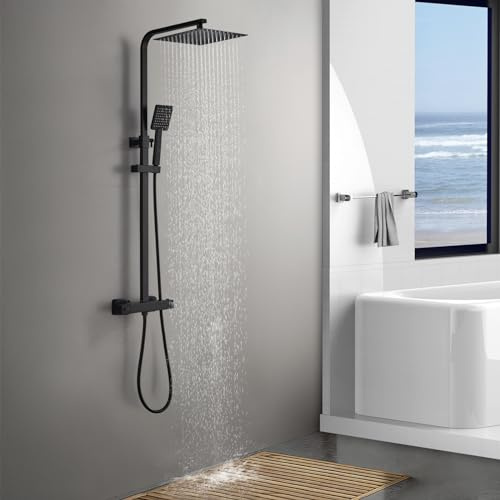 ROVOGO Black Thermostatic Shower Mixer Set, 30CM Square Rainfall Shower Head Stainless Steel Height Adjustable, ABS Handheld Shower with Adjustable Holder, Twin Head Shower System for Bathroom