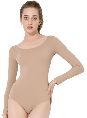 Spoxiyue Women's ballet Adult Gymnastics Bodysuit dance clothing Team Basic Long Sleeve Leotard (Long sleeves nude, XL)