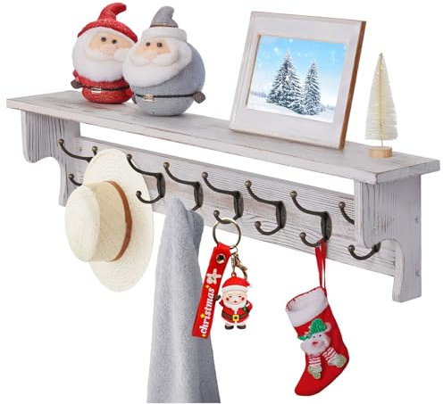 Bekrvio Wandgarderobe mit Ablage,Massivholz Garderobenleiste holz Eingangsregal mit 8 Kleiderhaken,Schlüsselbrett und Kleiderhaken für Flur, Schlafzimmer, Badezimmer – 91 cm