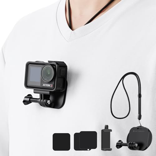 K&F CONCEPT Support Collier Aimanté POV Vlog Vidéo Compatible avec Gopro DJI Action DJI Osmo 360 et Vis en T et Clip Pince Téléphone et Anneau Magnétique Coussinet en Silicone