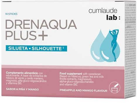 Cumlaude Lab - Drenaqua Plus+ Complemento Alimenticio, Drenaje Retención Líquidos, con Té Verde Hibisco Prebiótico Cardo Mariano Magnesio Vitaminas, Sabor Piña Mango - 14 Sticks