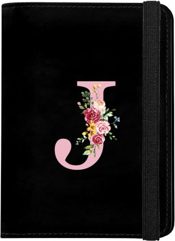 Personalisiert Initialen Reisepasshülle, Passport Cover mit RFID-Blocker, Kunstleder Reisepass Hülle für Damen Herren Reisepass Kreditkarten, Ausweis und Reisedokumente, Reise Geschenk, Schwarz(J)