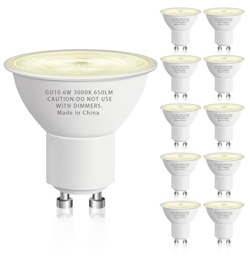 GU10 Led Bulb 6W Equivalent 50W, MR16 Led Bulb 3000K Soft White Light Bulbs, 650 Lumens, Non-Dimmable, GU10 Base, 2 Prong Track Energy Saving Light Bulbs for Kitchen, Living Room, Bedroom, 10 Pack