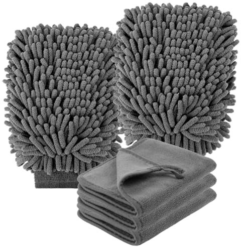 vsshe Car Washing Kit, 3 Microfiber Cleaning Cloths and 2 Chenille Wash Mitts, 600 GSM Drying Towels, Highly Absorbent 100% Scratch-Free, for Home and Car Washing, Drying, Detailing 40 x 30 cm