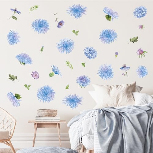 FUFUQUARE Decalcomanie di Arte Della Parete di Fiori Blu Margherita e Foglie Autoadesivi Adesivi Murali Fai da Te per Bambini Ragazze Camera da Letto Soggiorno