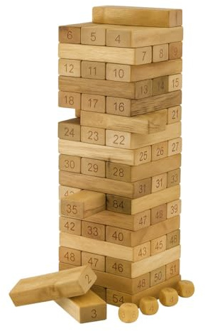 Gioco Torre in Legno 4 in 1 per Bambini, Torre Classica, Gioco con Dadi, Impara i Numeri e Puzzle Educativo, 54 Mattoncini e 4 Dadi Inclusi, Età 36M+