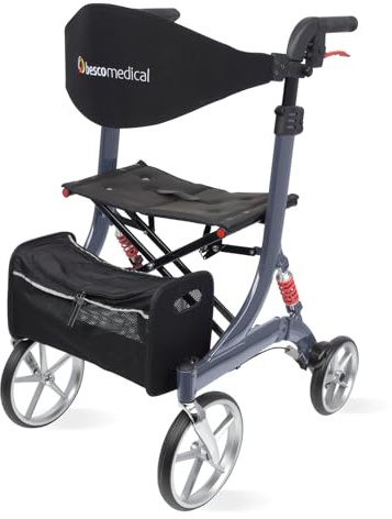 Leichtgewicht-Rollator Spring - Gehhilfe mit Komfort-Federung - höhenverstellbar & faltbar - inklusive Netztasche & Rückengurt - bequeme Sitzfläche - zusammenklappbar - Modell L Graphitgrau