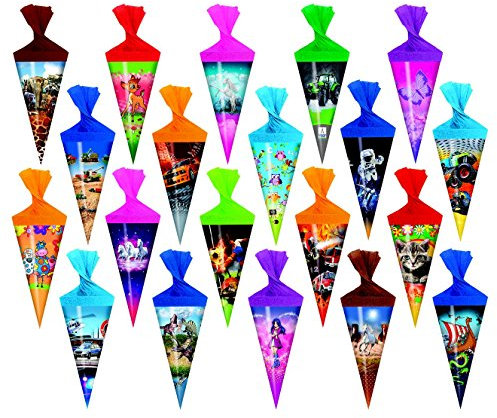 20x Deko Schultüte mit Motiv / Zuckertüte / Länge: 15cm / rund