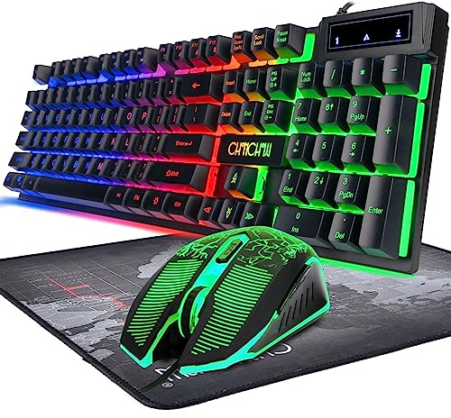 Keyboard and Mouse Gaming LED Wired Combo with Emitting Character Keyboard 4800DPI 2 Side Button USB Mouse Rainbow Backlit Mechanical Feeling Compatible with PC Raspberry Pi Mac Xbox one ps4