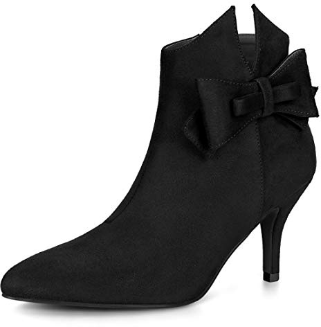 Allegra K Women Point Toe Bow Stiletto Heel Side Zipper Ankle Boots | 3-inch heel. Flower decor. Office, Party, Halloween, Christmas, Dating. Side zipper closure