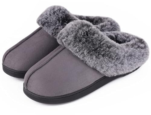 VeraCosy Women's Classic Suede Memory Foam Slippers Anti-Skid Scuff with Warm Faux Fur Collar, Dark Grey, 5/6 UK