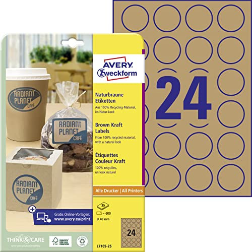 AVERY Zweckform L7105-25 Kraftpapier Etiketten (600 Aufkleber zum Bedrucken, Ø40mm auf A4, selbstklebend, runde Recycling Etiketten, nachhaltige Produktaufkleber) 25 Blatt, naturbraun