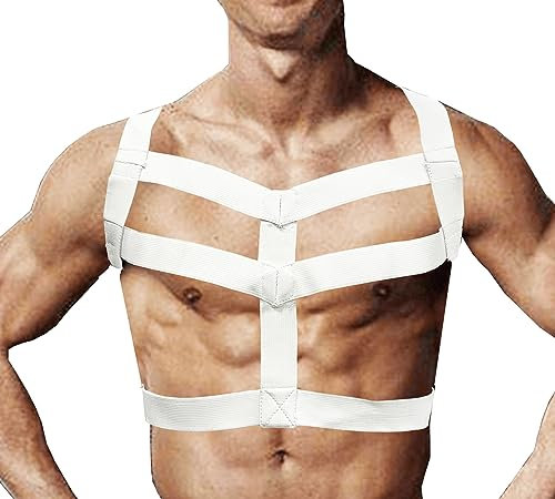 KKmeter Men's Strong Body Chest Nylon Harness Lingerie Elastic Support Brace Club Wear Costumes (White)