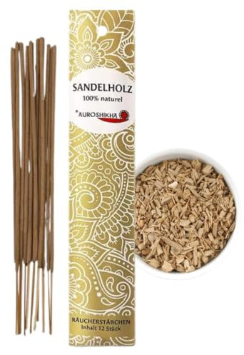 Sandelholz AUROSHIKHA Indische Räucherstäbchen 100% natürlich ohne Chemie und aus hochwertigen Ölen und Pulver Traditionelles Indisches Räucherwerk für Meditation, Raumreinigung Entspannung
