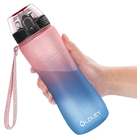 OLDLEY 750ml/25oz Water Bottles with Straw BPA Free Tritan Water Bottles for Gym School Sports Travel Leakproof Time Markings Drink Bottles Reusable Hydrate for Adult Kids Women Men(Pink Blue, 1 Lid)