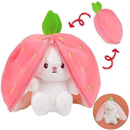 Hirsrian Gefülltes Kaninchen Mit Erdbeeren - Weiches Kuscheltier Hase Transformierbarer Kaninchen Spielzeug, Geschenkidee für das Osternest(Erdbeerhase)