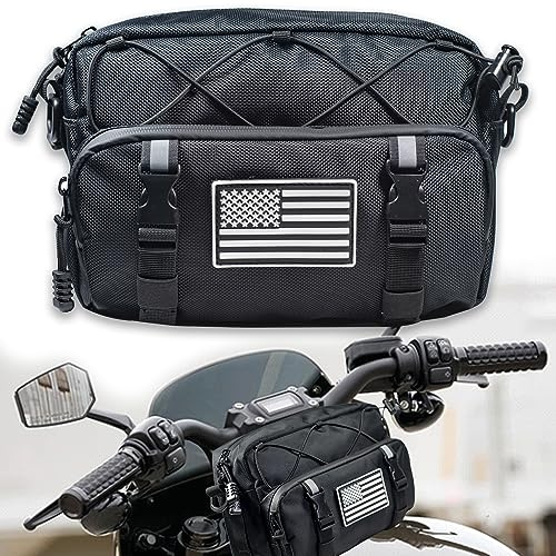 JIYIFOUHY Universal Black Motorcycle Handlebar Bag - Water-resistant American Flag 1680D Tool Bag for Motorbike, Cruiser, Softail, Dyna, Sportsters, Dirt Bike, ATV