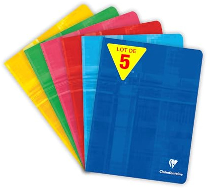 Clairefontaine 3761AMZC Un Lot de 5 Cahiers Agrafés - 17x22 cm - 64 Pages Grands Carreaux - Papier Blanc 90 g - Couverture Carte Pelliculée - Couleurs Assorties Aléatoires