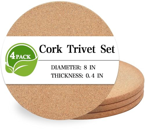 Cork Trivet, 4 Pack High Density Thick Cork Coasters Set for Hot Dishes, 8 Inch Heat Resistant Multifunctional Corks Trivets for Hot Dishes, Hot Pads for Kitchen, Table, Countertops